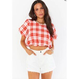 Show Me Your Mumu Womens Crop Top Sz M Highland Picnic Plaid Red/White Puff Slv